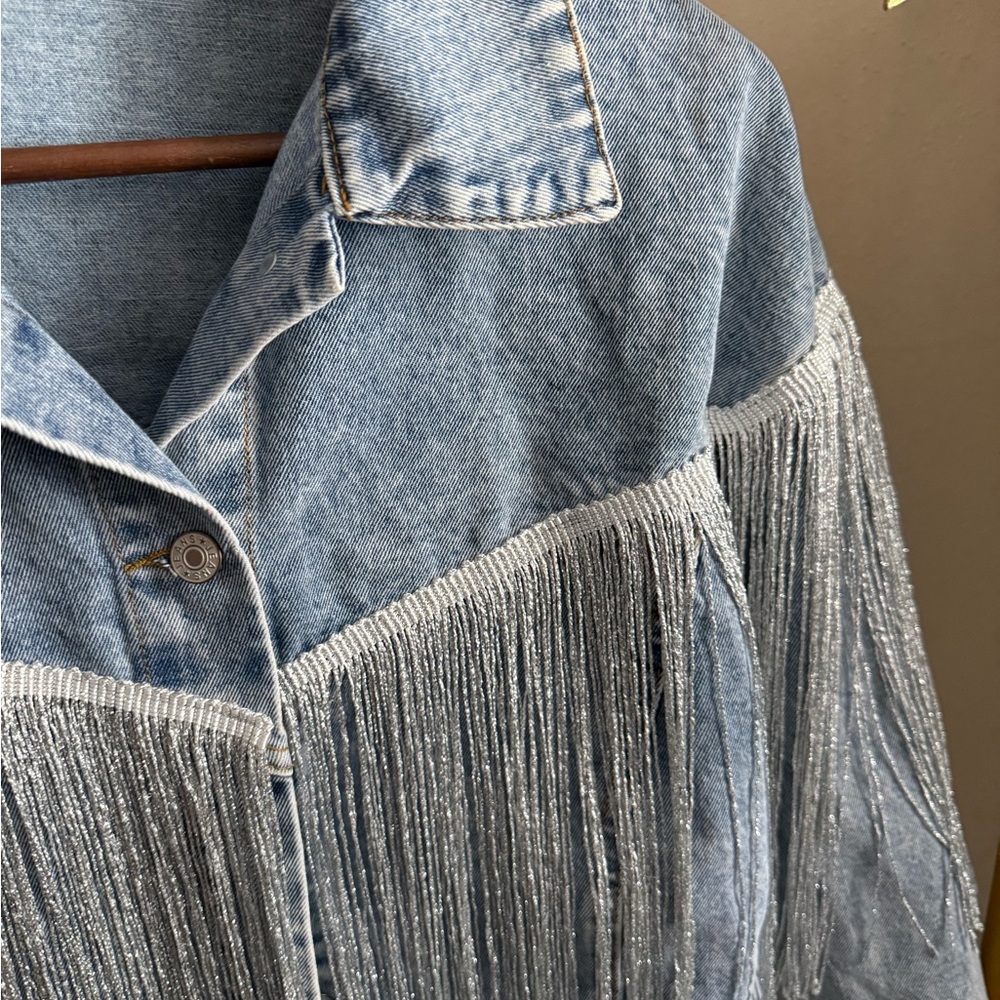 Fringe Denim Jacket Western Cropped Light Wash Festival Rodeo Jacket M - Picture 8 of 13